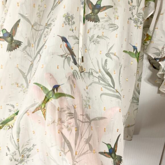 NWOT TED BAKER Top 1/4 Ivory Chiffon Hummingbird Gold Silver Swiss-Dot Long-Slv - Picture 7 of 13